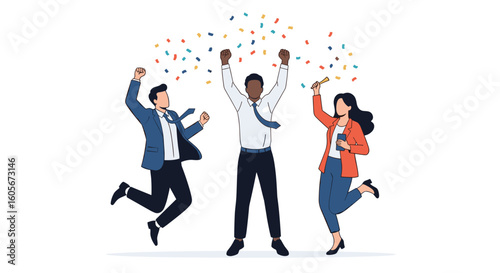 Excited business people celebrating achievement with colorful confetti popping