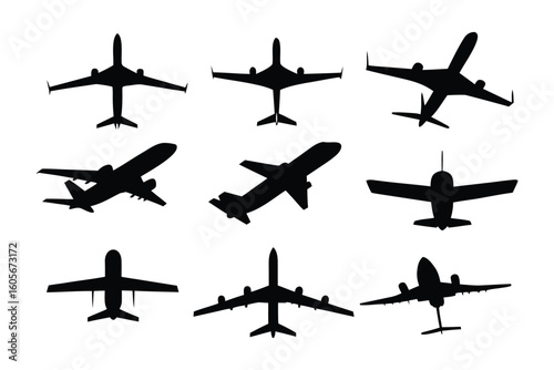 Aviation Silhouette Collection: A captivating display of nine diverse aircraft silhouettes, presenting a visual tapestry of aerial vehicles in black and white, emphasizing their unique forms.