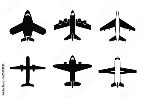 Airplane Silhouettes Collection: A stylish collection of diverse airplane silhouettes in elegant monochrome, showcasing the versatility and beauty of flight, ideal for design applications.