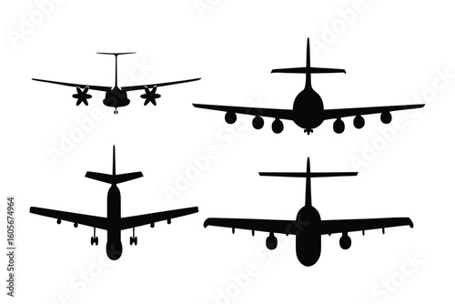 Aviation Silhouette: Four varied aviation silhouettes representing different aircraft, artfully composed against a solid backdrop, embodying the essence of air travel and technical design.