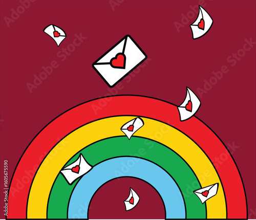 Love letters floating around a rainbow delivering affection and romance