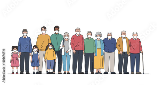 A diverse group of people standing together wearing masks understanding public health measures
