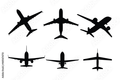 Silhouette Planes: A collection of silhouette airplanes, viewed from various angles, stand out dramatically, accentuating their aerodynamic forms. These sleek.