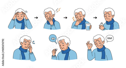 Elderly man experiencing headache and migraine pain relief steps becoming comfortable