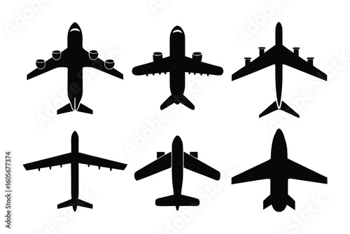 Aviation Silhouettes: Set of sleek, black aviation silhouettes showcase various aircraft designs, offering a modern and stylish illustration of flight and air travel.