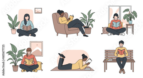 Diverse people enjoying reading in various comfortable settings around themselves