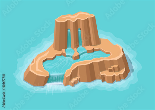 Isometric waterfall on the rocky mountain island