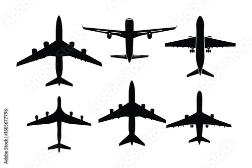 Airplanes Silhouettes: A collection of six stylized airplane silhouettes, each showcasing unique wing and fuselage designs, offering a glimpse into the world of aviation and flight. 