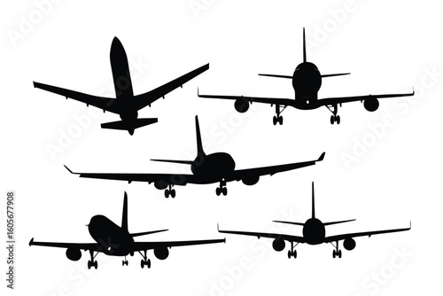 Airplanes Silhouette Array: An array of airplanes silhouettes take flight against the open sky, a dramatic monochromatic statement of aviation in motion. 