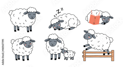 Adorable fluffy sheep illustrations featuring various activities and family bonds