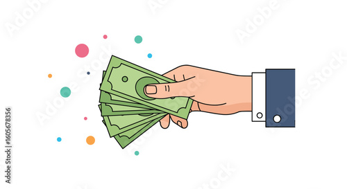 Money hand illustration with colorful dots and bubbles in a business setting