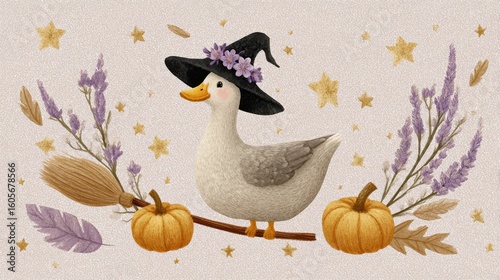Witchy Duck's Halloween Gathering: Adorable duck sporting a witch's hat, pumpkins, broom, and starlit backdrop. A festive illustration for Halloween.