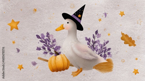 Whimsical Witch Duck: A charming illustration of a duck, adorned with a witch hat and riding a broom alongside a pumpkin, sets a fun, imaginative, and magical tone.
