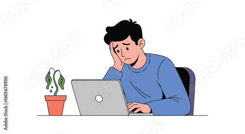 Frustrated man feeling burned out working on computer with dying plant