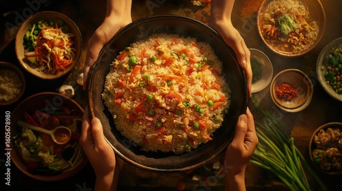 A large, dark bowl of fragrant fried rice is held aloft.