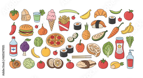 A vibrant assortment of delicious foods and beverages featuring fruits vegetables fast food desserts and sushi