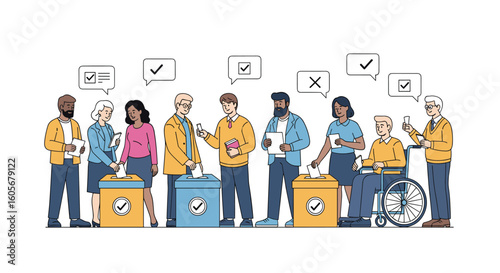 People casting votes in election booths with checkmarks above their heads representing choices