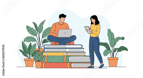 Creative learning environment with students engaging with technology and books