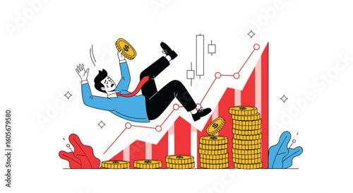 Businessperson falling downward amidst growing revenue charts and falling investments