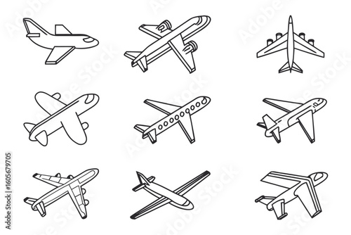 Aviation Variations: A diverse assortment of airplanes showcasing a variety of aircraft designs, perfect for aviation or travel-related concepts.