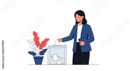 Woman in business suit placing ballot paper into voting box next to potted plant