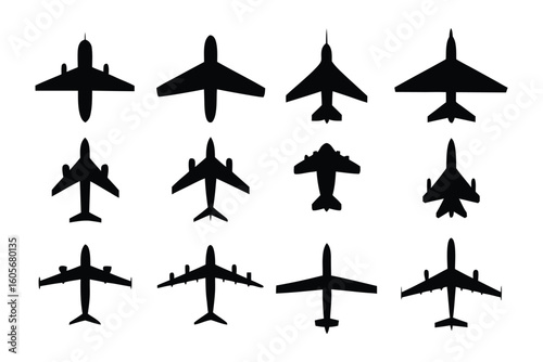 Air fleet silhouette: A collection of diverse plane silhouettes against a crisp, modern backdrop, showcasing different aircraft designs from various viewpoints.