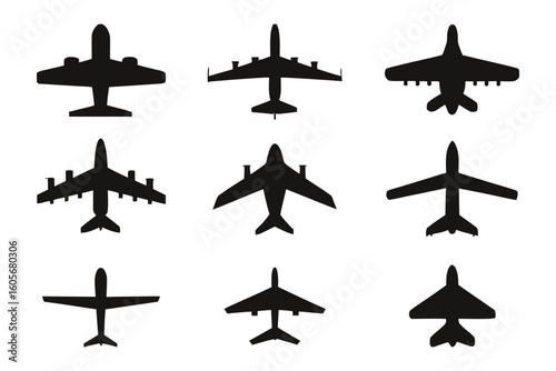 Plane Silhouettes: A striking arrangement of plane silhouettes, each capturing a unique aircraft design and shape, representing the diversity of flight and aviation.