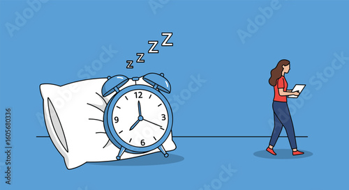 Modern digital alarm clock with pillow and woman using device illustration