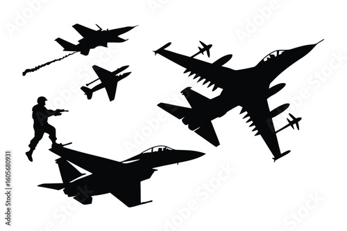 Aerial Combat Silhouette: A dramatic silhouette captures a soldier with a weapon amidst a squadron of powerful fighter jets against a crisp sky.