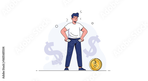 Man with empty pockets looking sad next to coin with dollar signs behind him