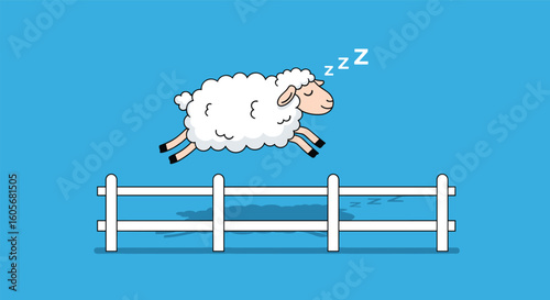 Cute fluffy sheep jumping over a white fence while sleeping and dreaming zzzs