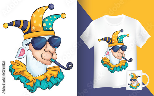 Hand drawn Llama april fools' day. Mock up shirt and mug with alpaca cartoon character.
