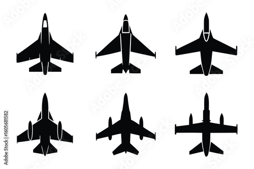 Jet Fighter Silhouette Collection: A meticulously curated collection of diverse jet fighter silhouettes, artfully presented with stark contrasts and graphic simplicity, ready for versatile design use.