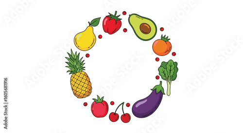 Vibrant circle arrangement of fresh fruits and vegetables offering healthful nourishment
