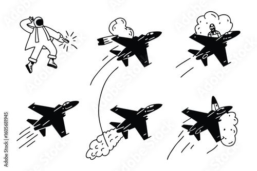 Pilot Ejection Sequence Illustration: A dynamic black and white illustration depicts the dramatic ejection sequence of a pilot from a jet, capturing the intense moment of emergency.