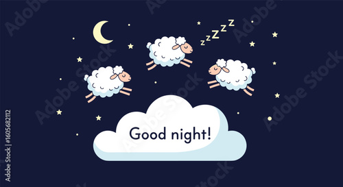 Counting sheep jumping over clouds under a starry night sky wishing a peaceful sleep