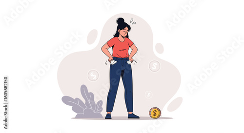 Young woman experiencing financial hardship showing empty pockets with coins scattered around her