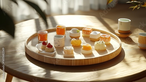 Assorted miniature desserts arranged on a wooden tray.