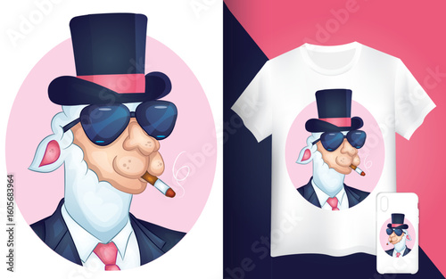 Llama wearing eyeglasses and cigarette. Mock up shirt and case with alpaca cartoon character.