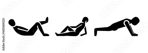 Core workout poses – crunches, plank, push-up. A set of icons depicting stick figures in various exercise positions: abdominal crunch, plank, and push-up. Focuses on core strength and bodyweight.