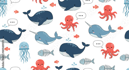 Charming underwater ocean life creatures playful marine animals pattern