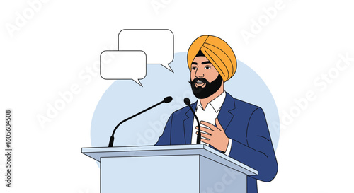 Public speaking man with turban addressing audience from podium with microphone and speech bubbles