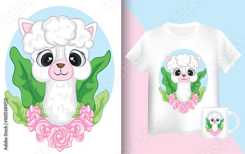 mockup shirt and mug llama. cute cartoon doodle llama character vector design.