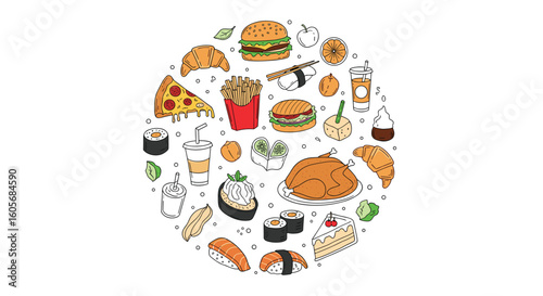 A delicious arrangement of global cuisine favorites presented in a circular pattern