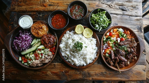 Assorted dishes of grilled meat, rice, and vegetables.