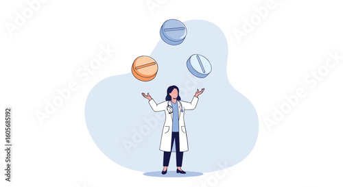 Doctor juggling medical pills with careful precision and great skill