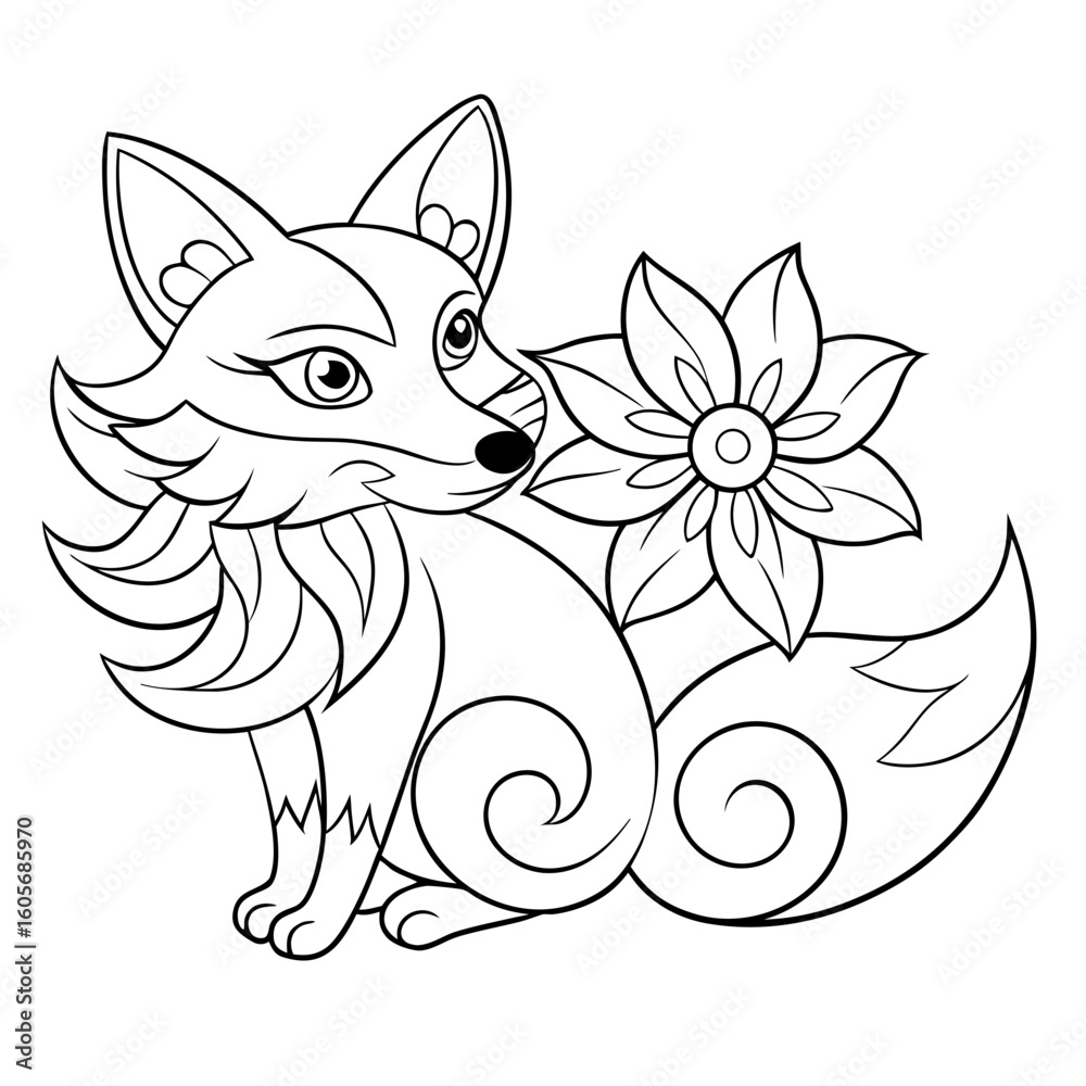 Obraz premium Stylized Fox with a Flower in Its Mouth and Fluffy Fur Coloring Page