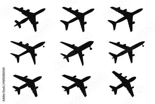 Aviation Icons: Nine plane silhouettes in a pattern, perfect for any design needs about aviation and transportation.