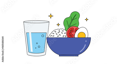 Healthy meal with rice vegetables and egg with a glass of water