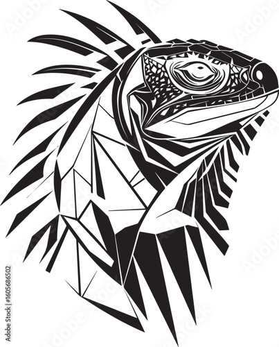 High contrast iguana vector illustration. Detailed black and white wild reptile graphic for a t-shirt or print design